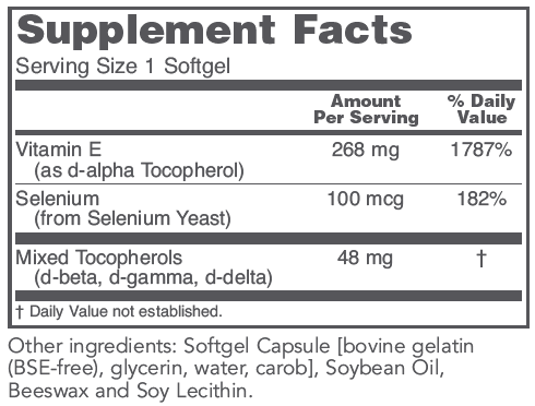 Supplement facts label for a product with vitamin E, selenium, and mixed tocopherols.